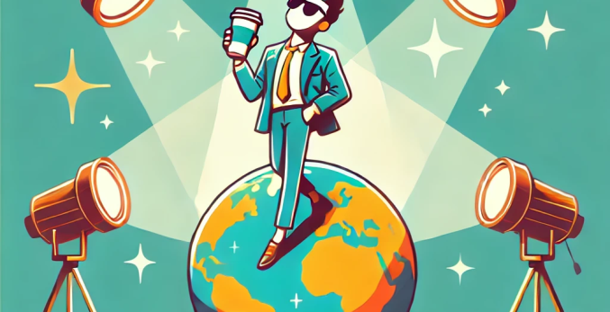 A confident person standing on a globe surrounded by spotlights, symbolizing main character energy with a humorous twist.