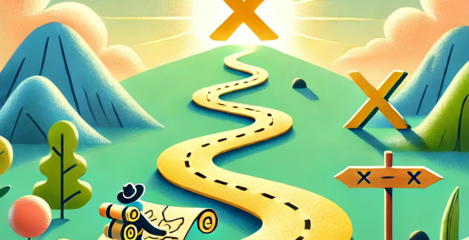 A person holding a treasure map and walking a long road toward a glowing X, symbolizing purpose-driven journeys.