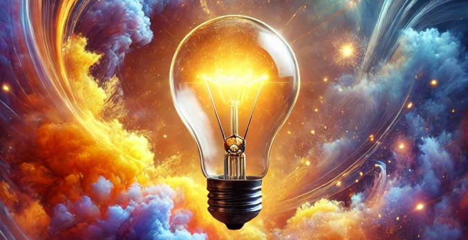 A glowing lightbulb emerging from swirling abstract patterns in vibrant colors, symbolizing creativity and big ideas.