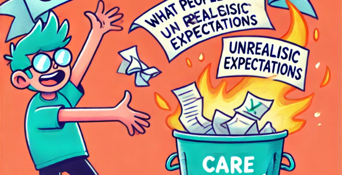 A cartoon person tossing papers labeled “What People Think” into a fiery trash can while holding a banner that says “Care Wisely!”