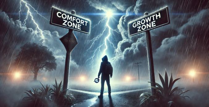 Silhouette of a person at a stormy crossroads, holding a compass, with lightning striking in the background. Signs point to ‘Comfort Zone’ and ‘Growth Zone.’