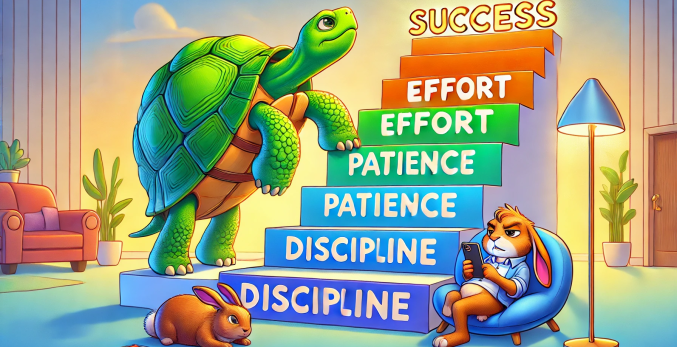 A tortoise climbing stairs labeled “Success” while a hare lounges on a couch, symbolizing consistency over procrastination.