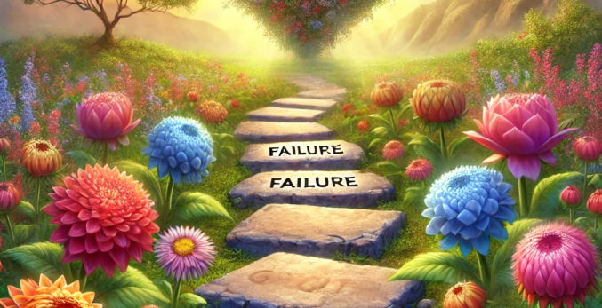 A heart-shaped pathway made of stepping stones engraved with the words “failure” and “growth,” surrounded by vibrant blooming flowers, under a golden sunset.