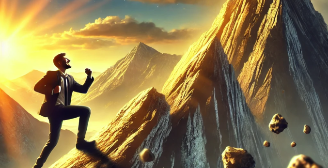 Person climbing a steep mountain at sunrise, smiling despite falling rocks, symbolizing hope, humor, and growth.