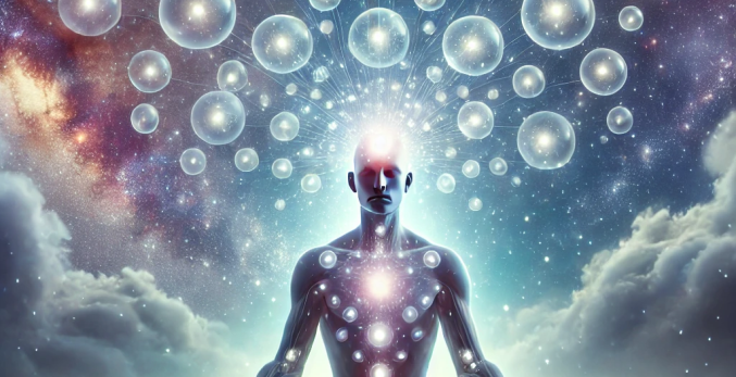 Illustration of a meditating human with glowing, translucent spheres representing thoughts floating above their head against a cosmic background.