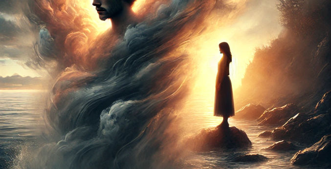 A couple standing on a rocky shore at sunset. One person is enveloped in a mist of dark, swirling hues, symbolizing inner turmoil, while the other radiates golden light, representing love and support.