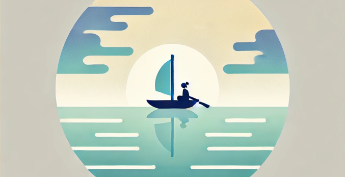 A serene depiction of a person effortlessly sailing a small boat on calm waters under a glowing sky, symbolizing harmony and non-forcing action in the concept of Wu Wei.