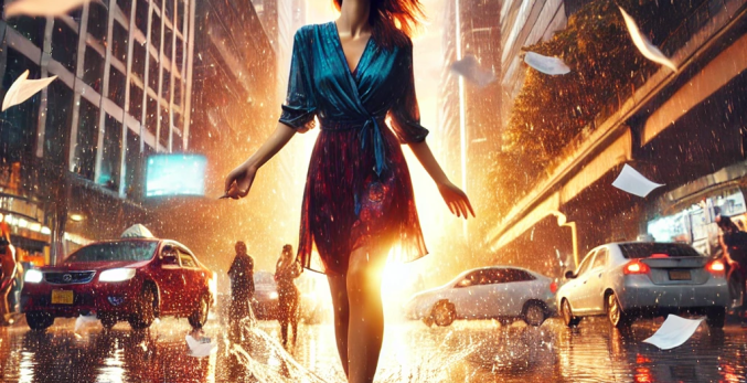 A woman standing confidently amidst flying papers and rain puddles reflecting a vibrant sunset in a bustling urban setting. She is smiling, embracing the chaos around her with joy and resilience.